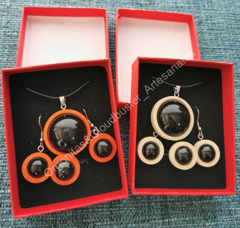 Colgante, pendientes y anillo Artesanal de Shungita en madera 2 Colores